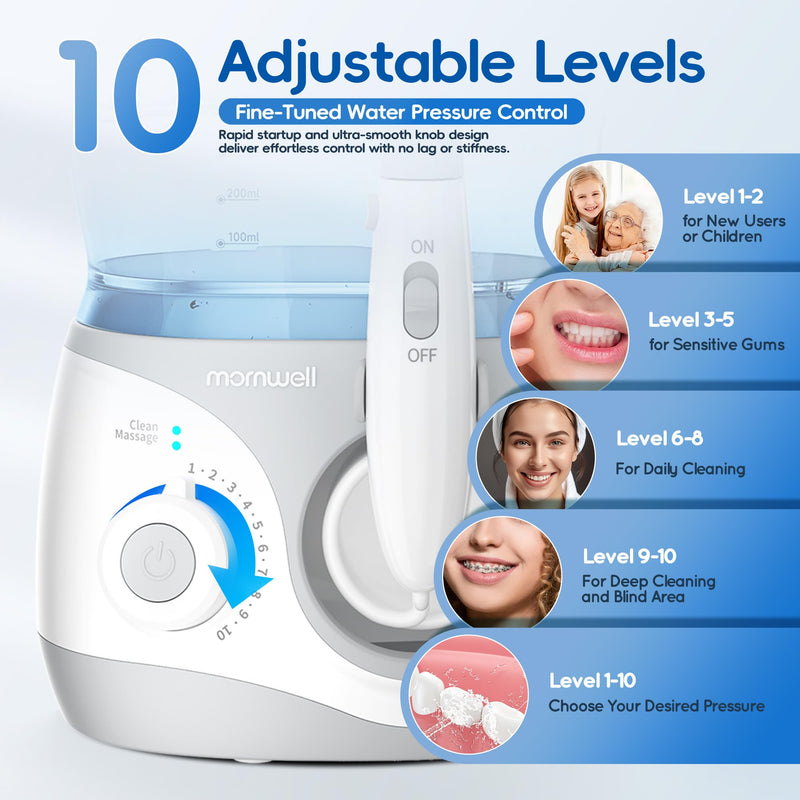 Mornwell Water Dental Flosser for Teeth, 2 Modes and 10 Adjustable Pressure Oral Irrigator for Braces, 8 Multi-Functional Tips for Family, Multiple Users, Home Use, White 600ML