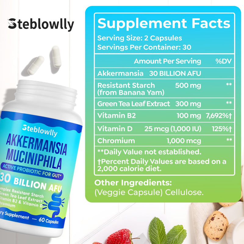 Akkermansia, Akkermansia Muciniphila for Gut Health, Metabolic*, 60 Caps | Akkermansia Probiotics for Women & Men, with Chromium, Green Tea Leaf, B2 - for Digestive Health & Immune