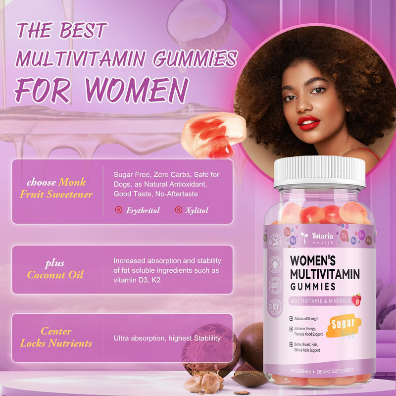 Totaria Sugar Free Multivitamin Gummies for Women 14+ w/Iron, Inositol, Folate, Biotin, Womens Daily Multivitamin Gummy w/Vitamin A, C, B, D3, K2, for Hair, Skin, Energy, Immune, Strawberry Flavor 60 Count (Pack of 1)