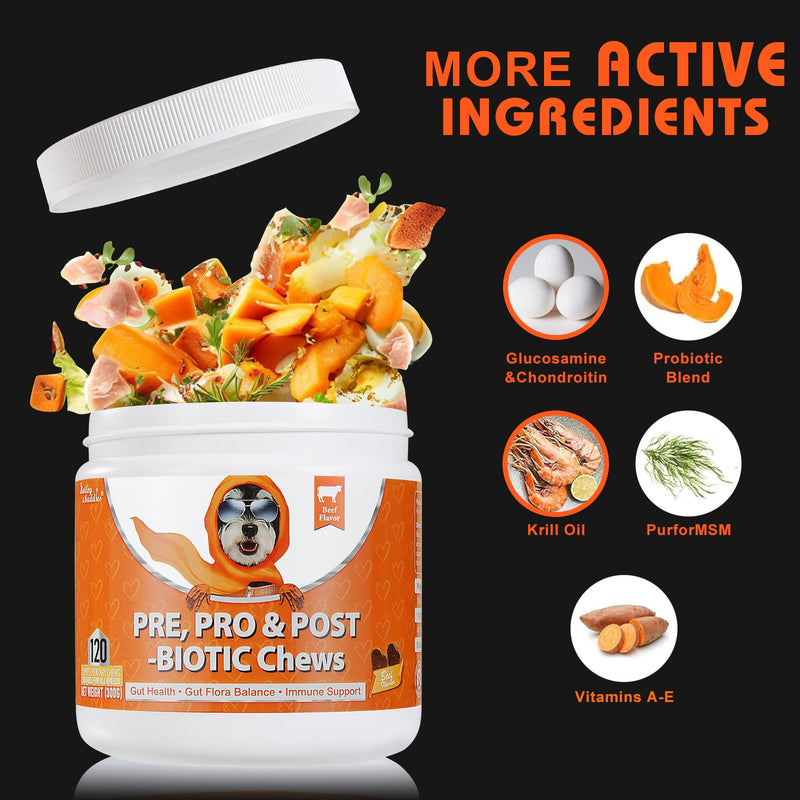 Daily Probiotics for Dogs - 120 Beef Flavored Soft Chews with Natural Pumpkin Powder for Healthy Gut & Sensitive Tummy. Reduces Scooting, Loose Stools, Smelly, Itchy Ears for Small, Medium, Large Dogs