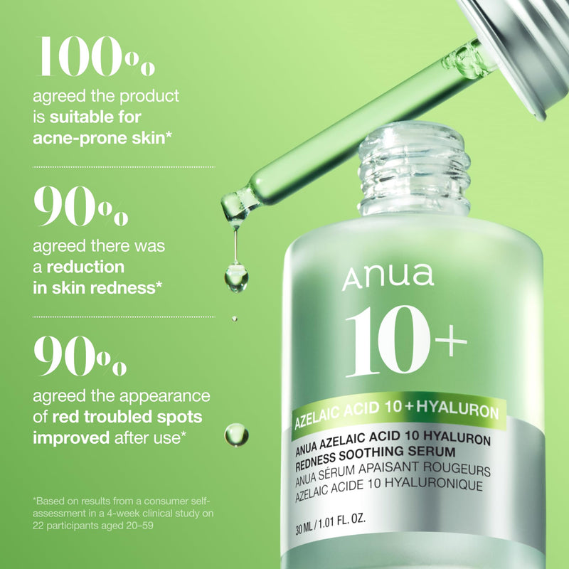 Anua Azelaic Acid 10 Hyaluron Redness Soothing Serum, Facial Serum for Blemish-Prone & Oily-Prone Skin, Lightweight & Hydrating Blemish Care, Hyaluronic Acid, Korean Skincare, 1.01 fl oz.
