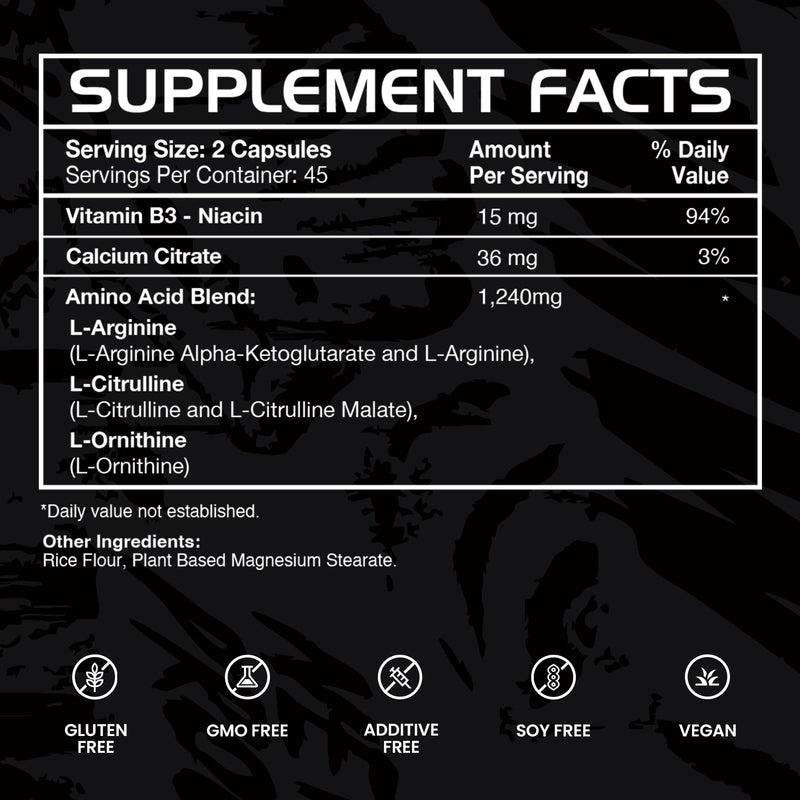 Gains in Bulk L-Arginine Amino Acid Supplement, 90 Capsules | Nitric Oxide Support with L-Citrulline, L-Ornithine, & Vitamin B3, Muscle Pump & Energy, Heart Health Support