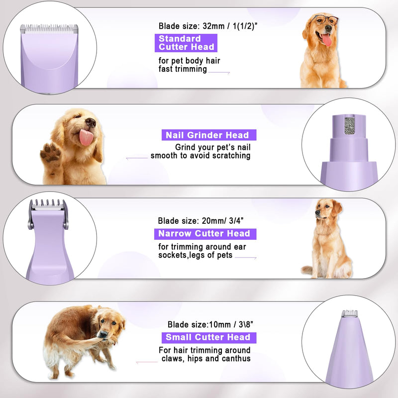 Veeconn Dog Grooming Clippers Kit-Electric Rechargeable Cat Trimmer Tools-Cordless Quiet Pet Nail Paw Grinder-4 in 1 Multifunctional Low Noise Shaver-Razor for feet Face Ears Toenail Eye Purple - BeesActive Australia