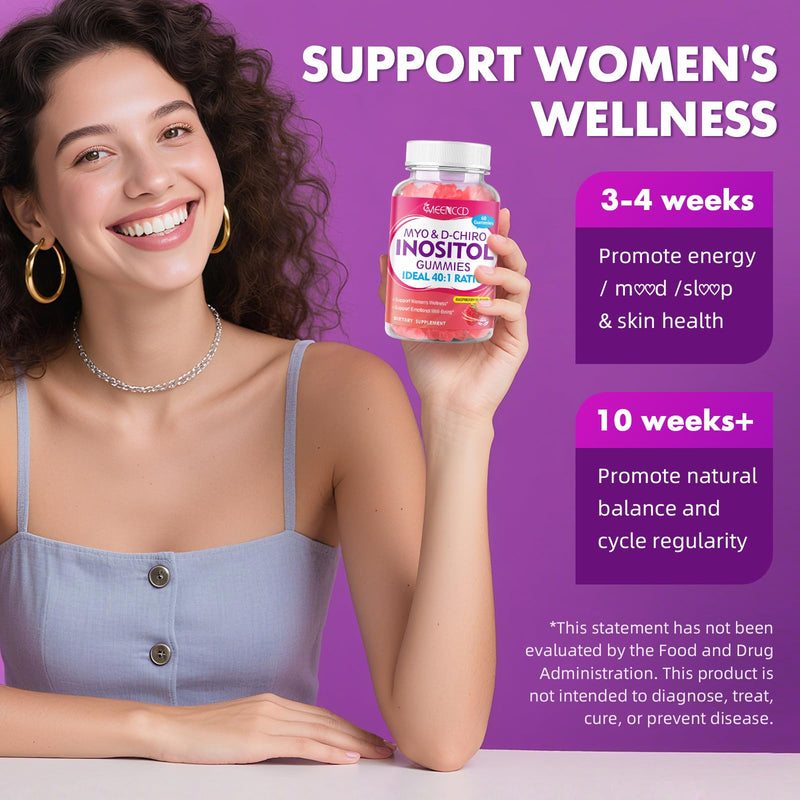 MEENCCD Myo-Inositol & D-Chiro Inositol Gummies, 40:1 Ratio Inositol with Vitamin D3, Magnesium Glycinate, Folate & Zinc, Inositol Supplement for Female Health, Raspberry Flavor, 60 Count 60 Count (Pack of 1)