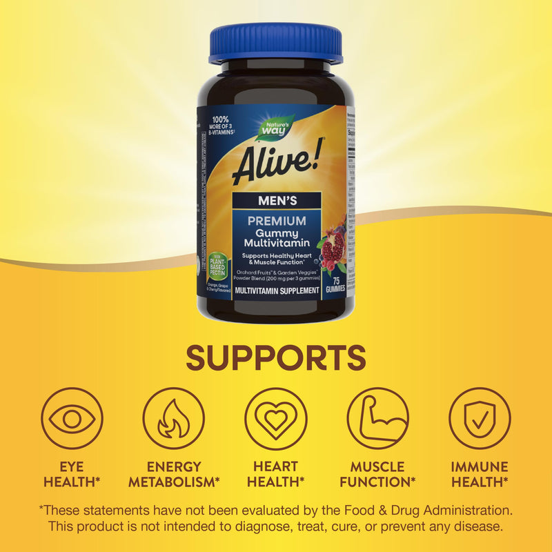 Nature's Way Alive! Men's Premium Gummy Multivitamin Supplement, 75 ct | Supports Healthy Heart*, Muscle Function*, Full B-Vitamin Complex, Orange, Grape, Cherry Flavored, Gluten-Free, Gelatin-Free