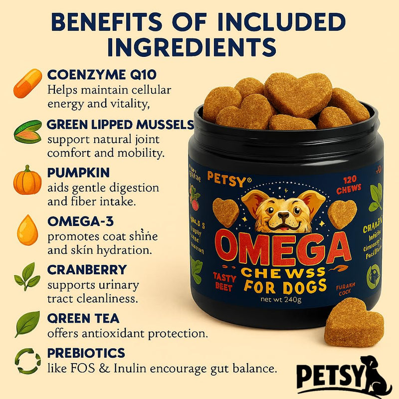 PETSY OMEGA 3 For Dogs Antioxidants Supplement UK, OMEGA 3 6 9, Daily Natural Wellness Treats 120 Supplement Heart Kidney Digestion vision Mobility Chews Puppy Adult Senior
