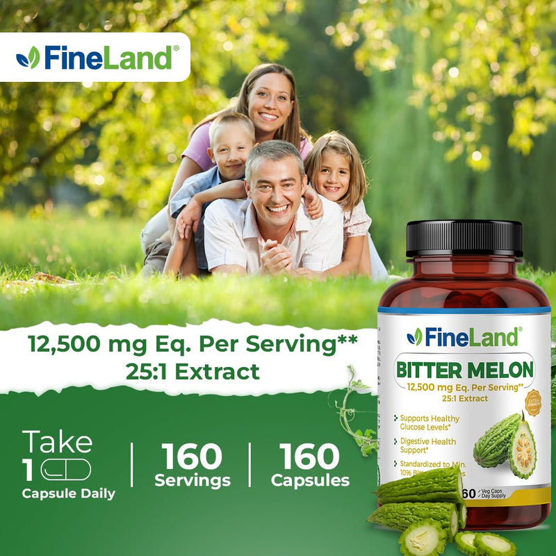 FineLand Bitter Melon 25:1 Extract 12,500mg Strength, 10% Bitter Principles, 160 Vegan Capsules, Supports Digestive Health, Standardized and Concentrated 25X Extract, Non-GMO Made in USA