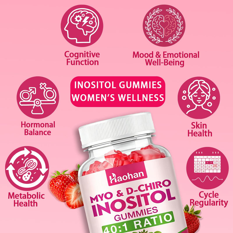 Haohan 2 Pack Myo-Inositol & D-Chiro Inositol Gummies for Female Health, with Vitamin D3, Magnesium Glycinate, Folate & Zinc, Sugar Free, Strawberry Flavor – 120 Gummies