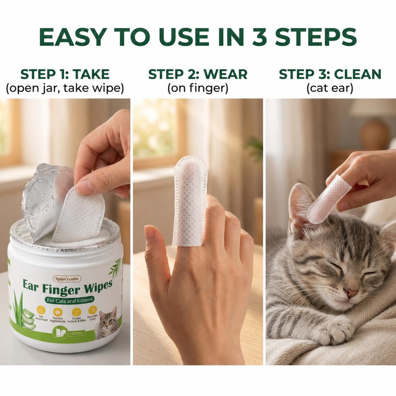 Dylan's cabin Cat Ear Wipes - 150 Count Finger Wipes for Dogs Cats, Pet Ear Cleaning Remove Wax Dirt Debris, Odor Gentle Alcohol Free Daily Ear Care pet ear finger wipes