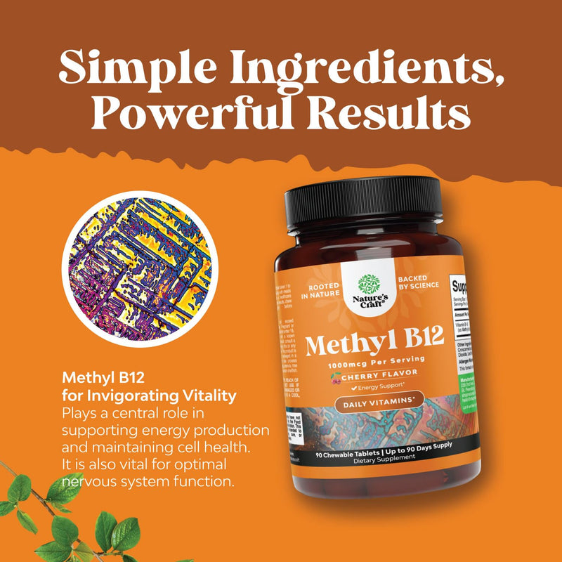 Chewable Vitamin B12 1000mcg for Energy & Mood Support- 90 Count | Cherry methylcobalamin B12 for energy, mood, mental clarity, brain function & skin support