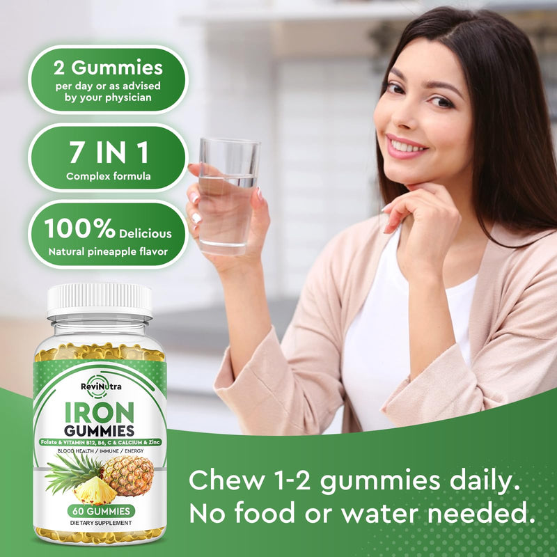 Iron Gummies with Zinc, Calcium, Vitamin C, B6 & B12 | Iron Supplement for Women, Men & Kids | Supports Anemia & Deficiency, Blood Builder & Cell Formation | Chewable Pineapple Flavor | 60 Gummies 60 Count (Pack of 1)