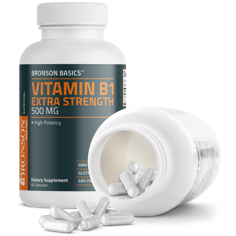 Bronson Vitamin B1 Extra Strength 500 MG High Potency Non-GMO, 60 Capsules Unflavored 60 Count (Pack of 1)