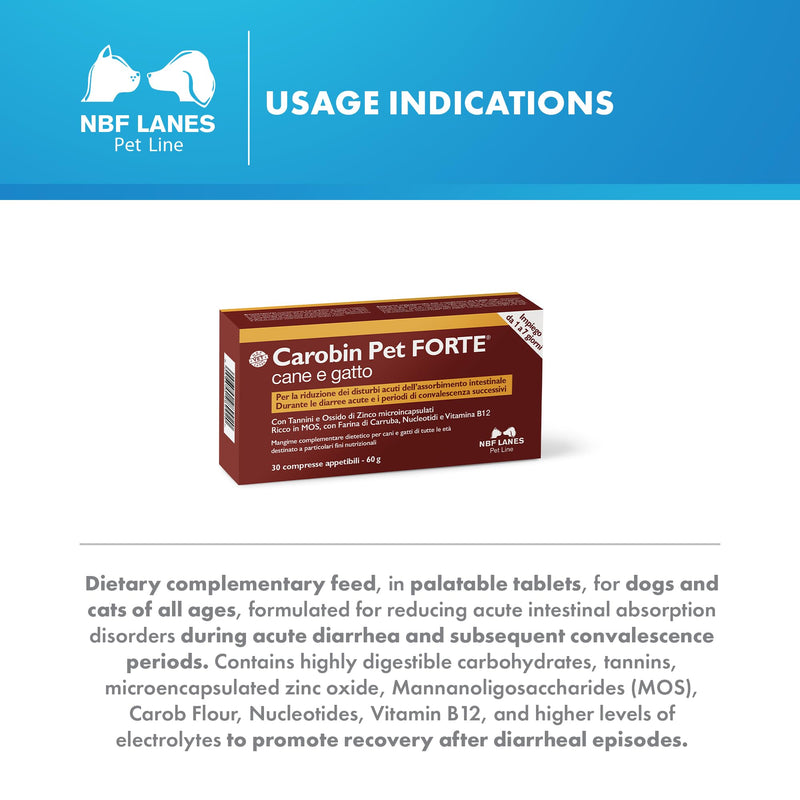 NBF Lanes | Carobin Pet Forte for Dogs and Cats, Supports the Reduction of Acute Intestinal Absorption Disorders, Acute Diarrhoea, and Recovery Tablets