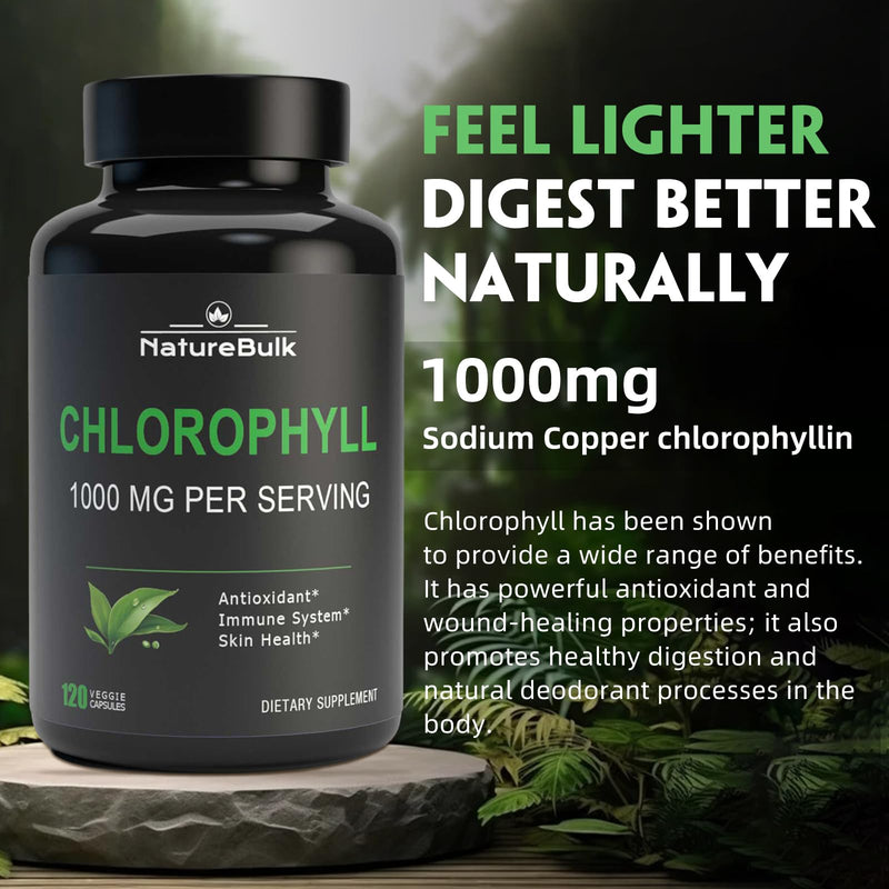 Chlorophyll Capsules 1000mg - 100% Natural Potency Concentration for Women & Men, Gut Health, Skin Support - Natural Energy Booster, 120 Capsules