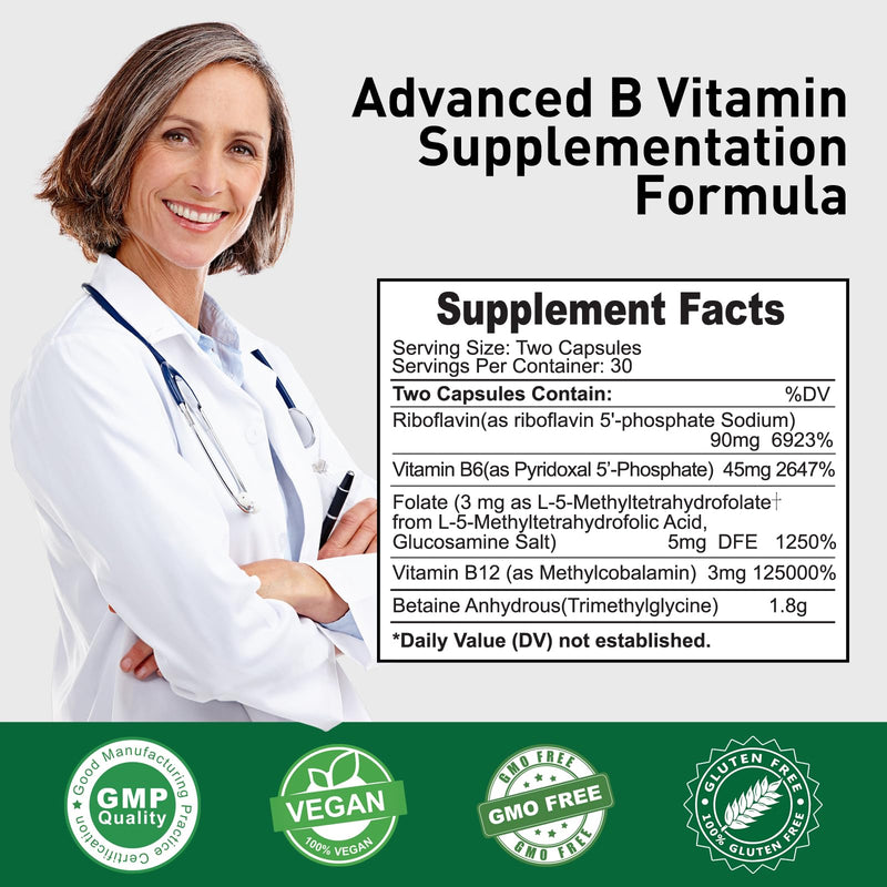 Simlike Active folate (5-MTHF) with Vitamins B Complex, B12, B2, and B6 - Supports methylation and Healthy Level of homocysteine - Gluten-Free, Dairy-Free, Soy-Free - 60 Capsules 5mg L-Methylfolate