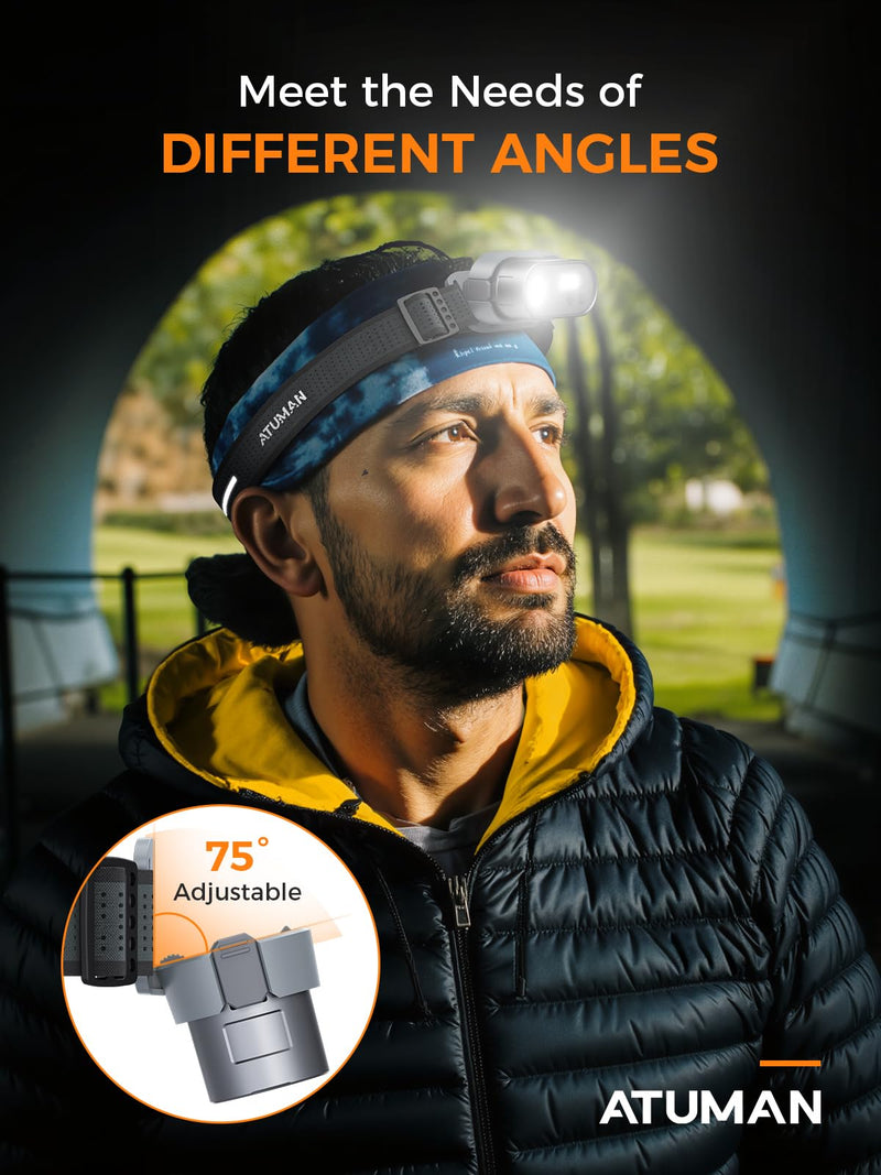 ATuMan MH1 Headlamp Rechargeable, Intelligent Multifunctional Headlight 1 Pack with Red Warning Light and 7 Lighting Modes Lightweight Headlamp with Motion Sensor for Outdoor Camping Hiking Cycling