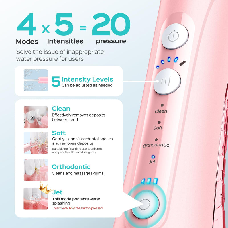 COSLUS C50 Portable Water Flosser for Teeth: 4 Modes & 5 Intensity Levels Professional Electric Dental Pick for Sensitive Gums, Braces & Orthodontic - Cordless for Travel Use, BPA-Free Pink