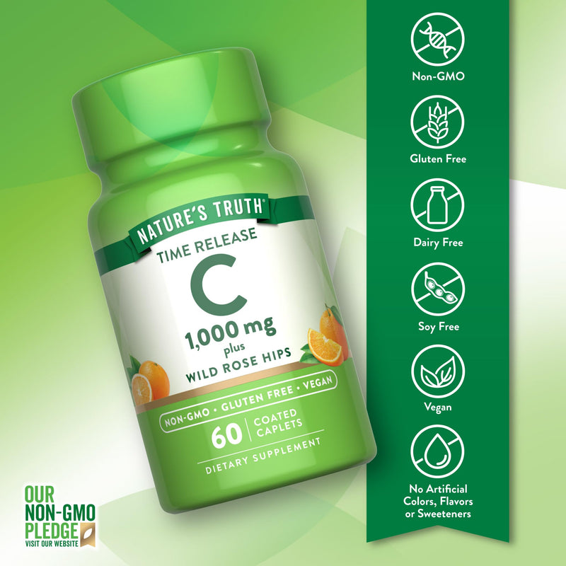Nature's Truth Vitamin C with Rose Hips 1000mg | 60 Coated Caplets | Vegan, Non-GMO & Gluten Free Supplement Unflavored 60 Count (Pack of 1)