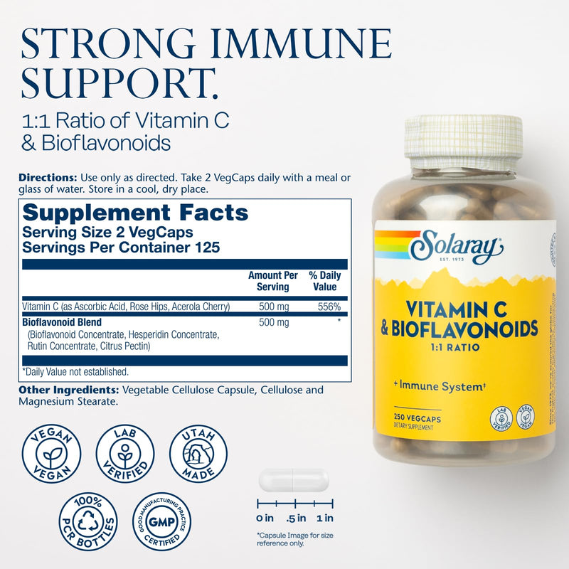 SOLARAY Vitamin C 500 mg with Citrus Bioflavonoids, 250 VegCaps | Immune, Antioxidant & Cellular Support, 1:1 Vit C & Bioflavonoids with Rose Hips & Acerola, 125 Servings, Vegan, Lab Verified 250 Count (Pack of 1)