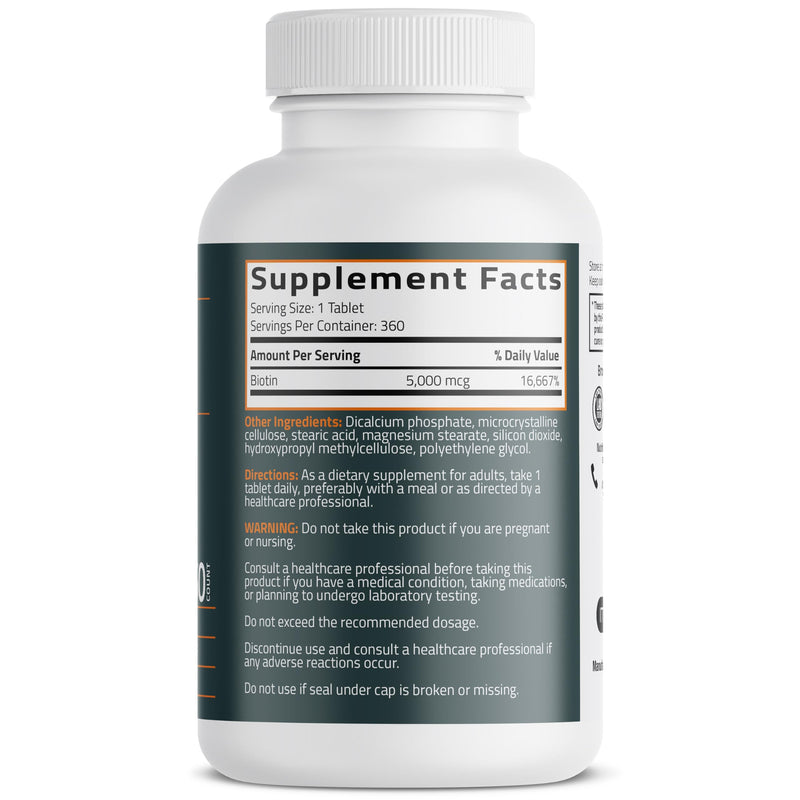Bronson Biotin 5,000mcg Hair Skin and Nails Vitamins, 360 Tablets | Vegetarian Beauty Support, Non-GMO, Gluten-Free, Soy-Free, Supports Healthy Hair, Skin and Nails