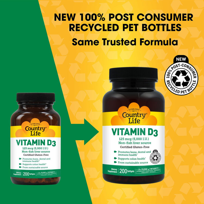 Country Life Vitamin D3 125 mcg 5000 IU, Gluten-Free, 200 Softgels | Supports bone, dental, immune and colon health while helping the body absorb calcium 200 Count (Pack of 1)