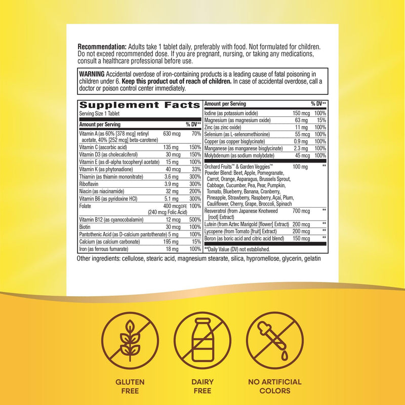Nature's Way Alive! Adult Complete Multivitamin, B-Vitamins, 100 mg Fruits & Veggies Powder Blend per Serving, Heart, Bone & Immune Support*, Gluten Free, 60 Tablets (Packaging May Vary)