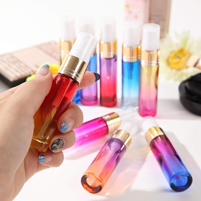Solid Valu 10ml Set of 9 Colorful Spray Aroma Bottles Push On Mini Bottle Atomizer Aroma Oil Jar Blackout Jar Gradient Spray Bottle Glass (9 Color Gradation) - BeesActive Australia
