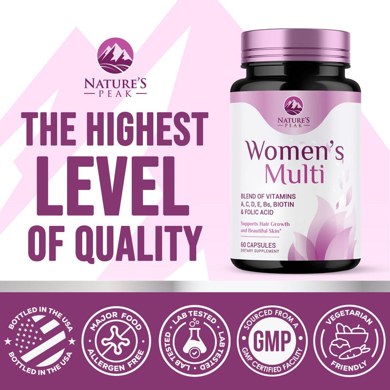 Multivitamin for Women - Once Daily Vitamins for Woman with Biotin, Calcium, Folate, Vitamin A, C, D, E, B Vitamins & Iron - Complete Multi Vitamins for Bone, Energy & Immune Support - 60 Capsules 60 Count (Pack of 1)