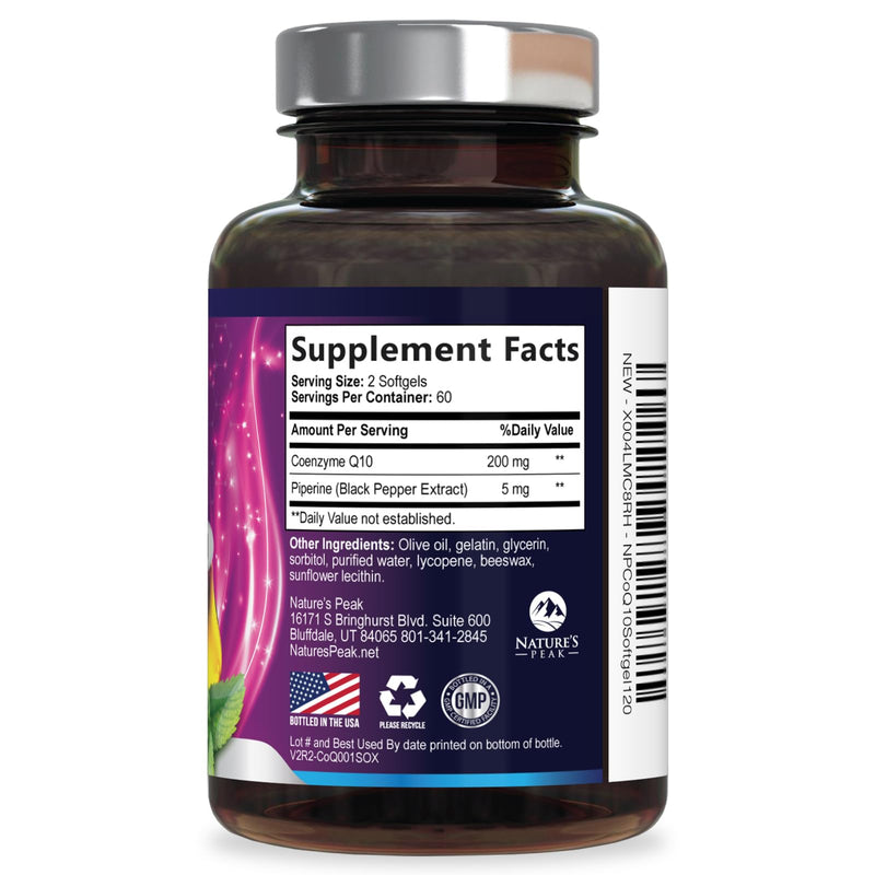 CoQ10 Softgels - 3x Better Absorption Coenzyme Q10 200mg Per Serving - Co Q 10 Softgel Supplement With Black Pepper, Energy & Heart Support Antioxidant for Women & Men, Bottled USA - 120 Softgels 120 Count (Pack of 1)