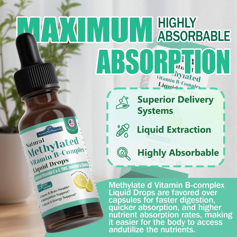 2 Pack Methylated B Complex Liquid, 9-in-1 Methyl B Vitamin w. Methylfolate 5-MTHF Inositol Choline Riboflavin TMG & Methyl B12 Vitamin C E, Super B Complex Multivitamin for Energy Mood & Brain Health Lemon 2 Fl Oz (Pack of 2)