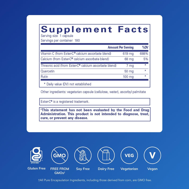 Pure Encapsulations Ester-C & Flavonoids, 180 Capsules | Vitamin C Supplement for Antioxidants - Immune and Vascular Support* with Calcium and Rutin, Easy-to-Absorb Form of Vitamin C 180 Count (Pack of 1)