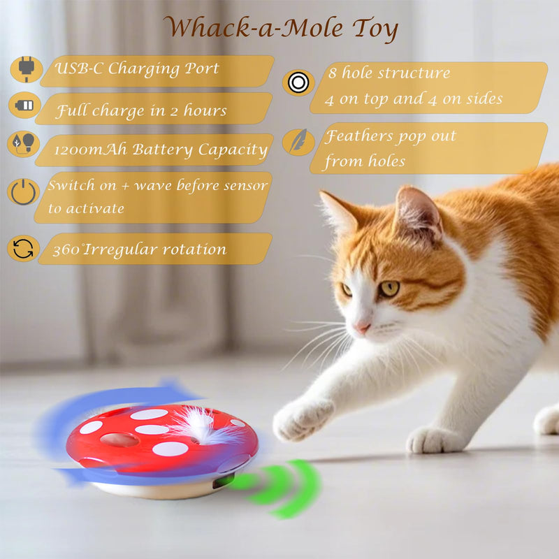 Whack-a-Mole Interactive Feather cat Toy Cute Mushroom Shape,Smart cat Toy for Indoor Bored Cats/Kittens, Automatic cat Toys Rechargeable, Stimulate Hunting Instinct, Weight Control - BeesActive Australia