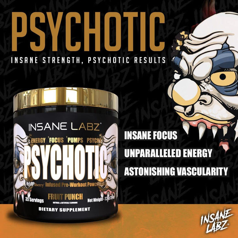 Insane Labz Psychotic Gold, High Stimulant Pre Workout Powder, Extreme Lasting Energy Focus, Pumps and Endurance with Beta Alanine, DMAE Bitartrate, NO Booster (35 Servings, Watermelon) 7.1 Ounce (Pack of 1)