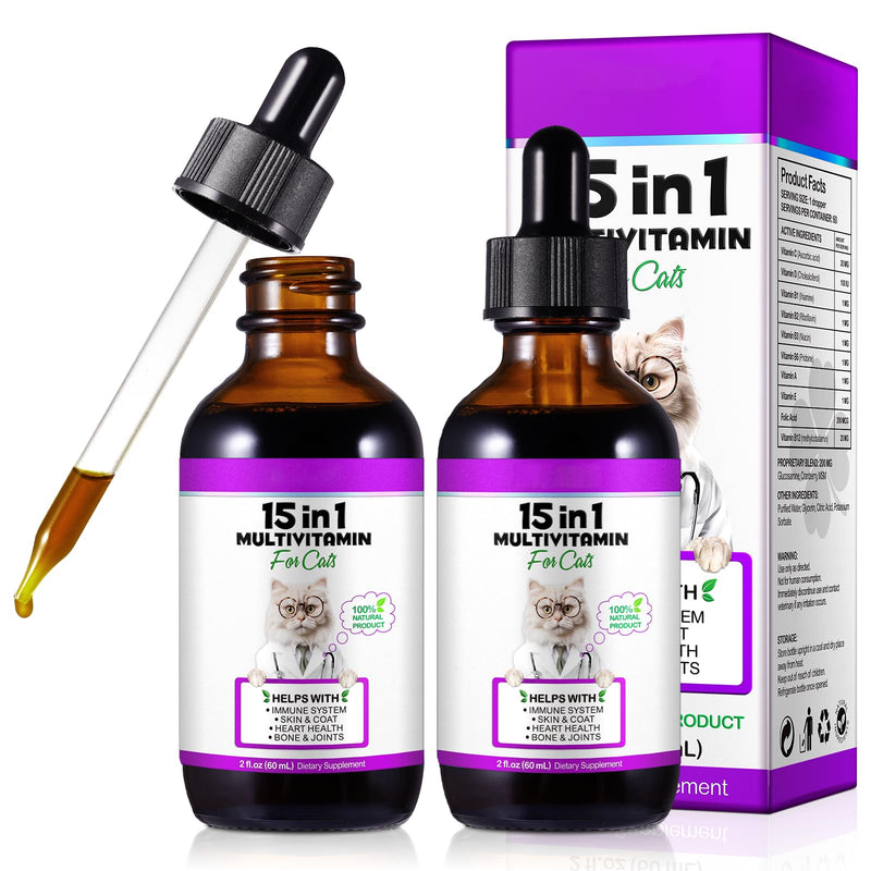 15 in 1 Multivitamin Drops for Cats 2x60ml,Cat Vitamin and Supplements with Glucosamine & Cranberry- Cat Multivitamins Liquid Supports Immune Health, Skin, Coat, Heart Health, Hip & Joint 2 PCS