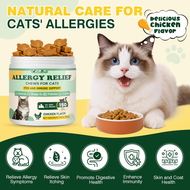 Cat Allergy Relief for Cats, 150 Soft Chews for Cat Itch and Allergy Relief with Omega-3 and Probiotics Coat Health, Immune Boost and Seasonal Allergies Chicken Flavor Chews