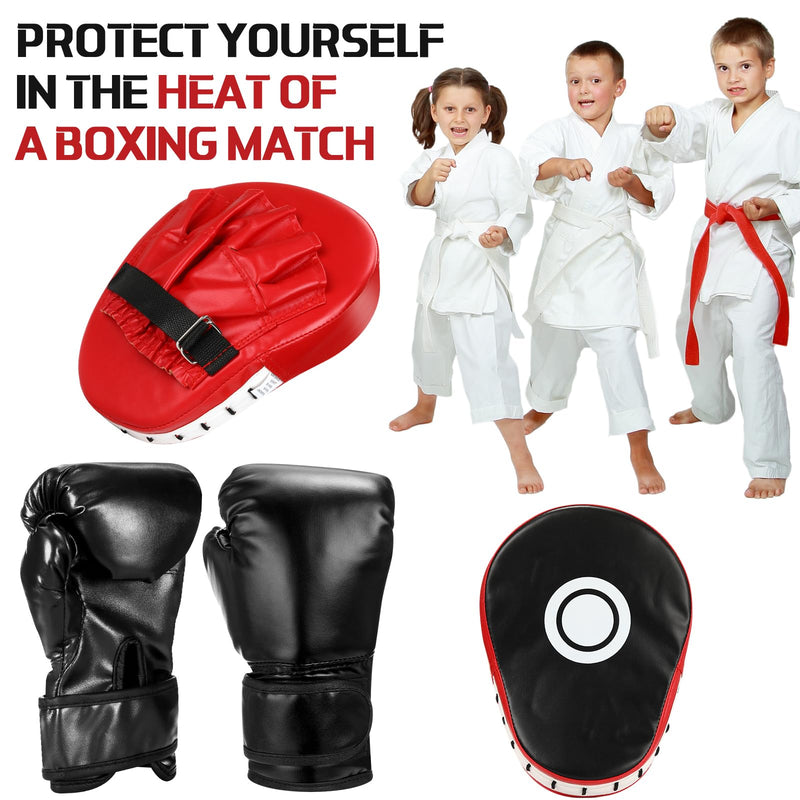 Boxing Gloves and Punching Mitts Set for Kids 6oz Black Gloves Curved Punch Mitts Pad Sparring Training Equipment for Martial Arts Muay Kickboxing Taekwondo Karate BJJ