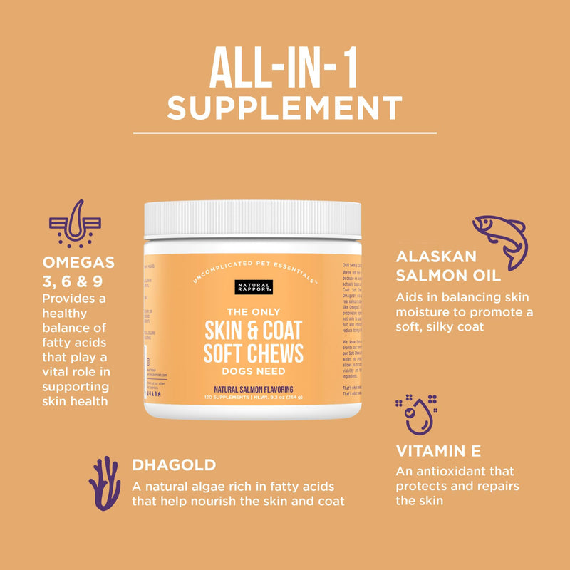 Natural Rapport Dog Skin and Coat Supplement - The Only Skin and Coat Soft Chews Dogs Need - 120ct Treats that Contain Salmon Oil and Omegas 3, 6, & 9 Skin Health Chew