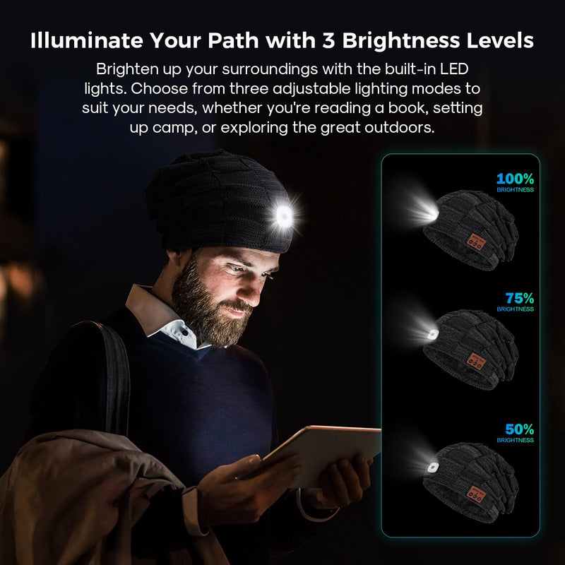 Bluetooth Beanie with Light for Men, Beanie with Light Unisex USB Rechargeable Hands-Free 4 LED, Headlamp Cap with Wireless Headphones Built-in Speaker Mic Gifts for Men Dad Teen (Black) One Size Black