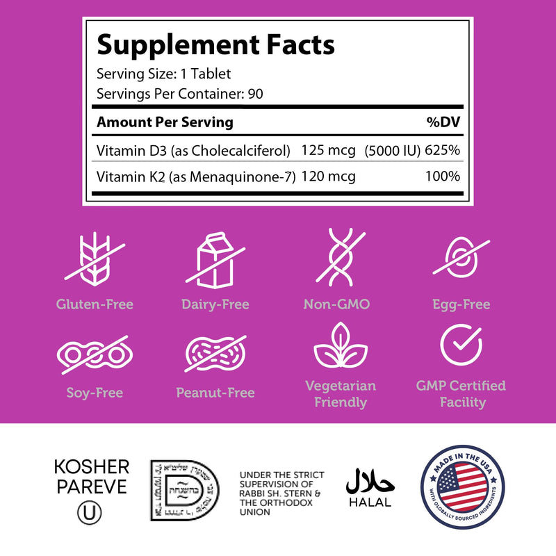 Zahler - Vitamin D3 & K2 Chewable Supplement (90 Count) - Certified Kosher K2 D3 Vitamin 5000 IU Delicious Chew Tablet - Vitamin D & K2 for Calcium Absorption, Bone Density & Immune Support