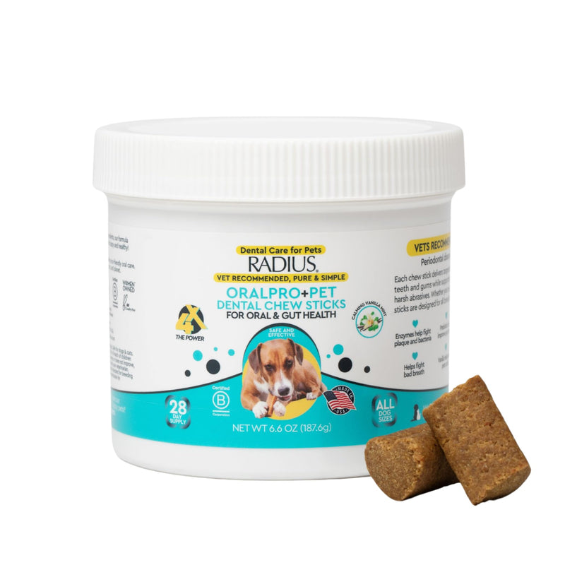 RADIUS OralPro+ Dog Dental Chew Sticks - Enzyme-Powered Plaque and Tartar Remover with Gut Health Prebiotics - Natural Vanilla Fresh Breath Treats for Dogs - 28 Count (Pack of 1)