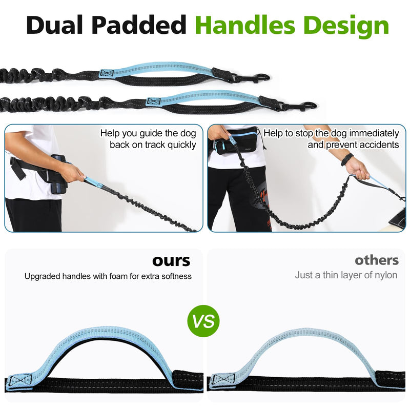Hands Free Dog Leash 2 Dogs, Adjustable Waist Leash for Dog Walking with Dual Bungees Padded Handle, Shock Absorbing Hands Free for Small Medium-Sized Dogs Outdoor Activities, Black+Blue 2 Leashes - BeesActive Australia