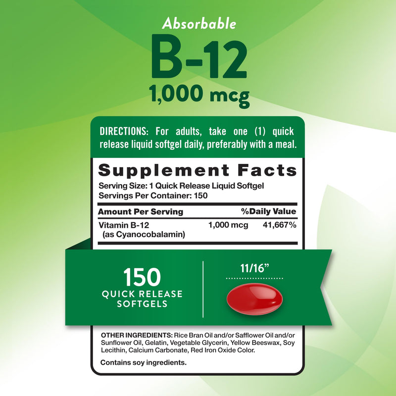 Nature's Truth Vitamin B12 | 1000 mcg | 150 Softgels | Non-GMO & Gluten Free Supplement 150 Count (Pack of 1)