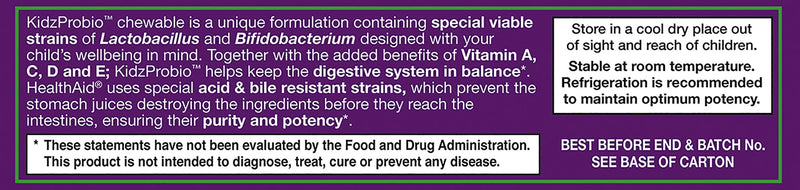HealthAid KidzProbio Chewable Probiotic for Kids – 2 Billion CFU, 5 Strains + Prebiotic & Vitamins A, C, D & E – Supports Digestive & Immune Health – Blackcurrant Flavor, 30 Daily Tablets*