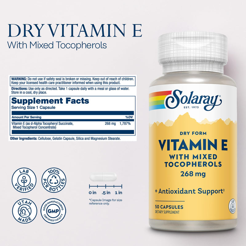 SOLARAY Vitamin E 400 IU (268mg), Dry Form with Mixed Tocopherols Vitamin E - Antioxidant Supplement, PMS and Menopause Support - 60-Day Guarantee, Lab Verified - 50 Servings, 50 Capsules | Antioxidant Supplement - Immune Support, PMS and Menopause Sup...