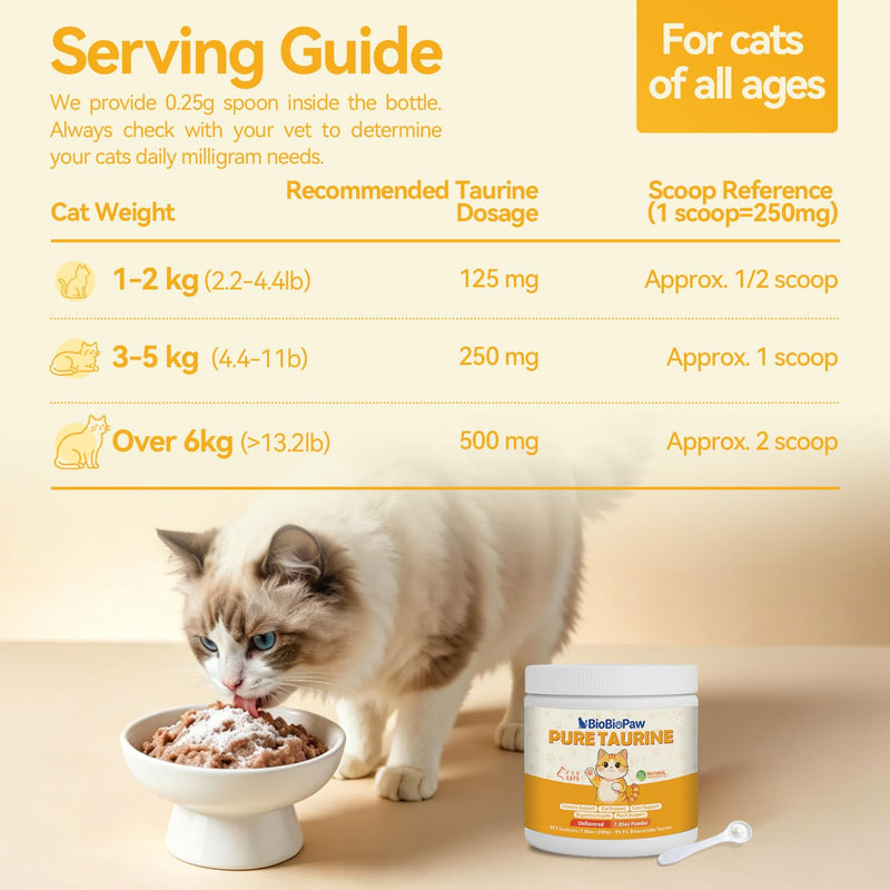 Pure Taurine for Cats Taurine Powder Supplement for Kitty Supports Vitality and Immune Health 200 Grams