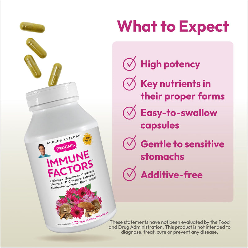 ANDREW LESSMAN Immune Factors 180 Capsules – Echinacea, Goldenseal, Vitamin C, Astragalus, Berberine, Mushroom Blend, Black Currant. Supports and Promotes Immune System and Natural Defenses | A comprehensive blend of botanicals, mushrooms and nutrients...
