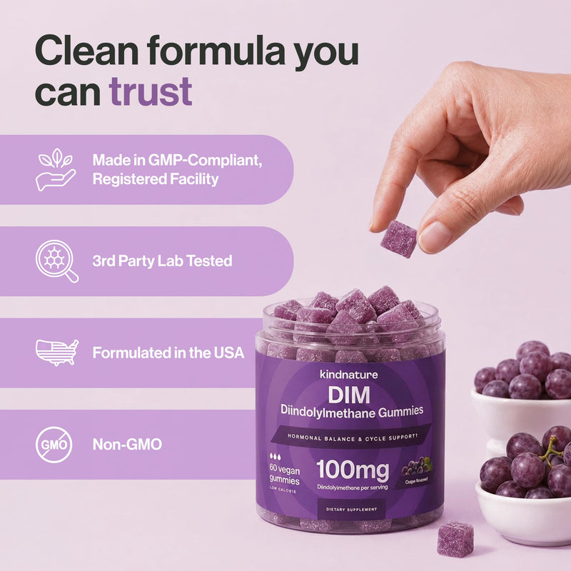 kindnature DIM Gummies 100mg – Hormone Balance Support for Women – Diindolylmethane Supplement for Estrogen Metabolism, Menopause & Skin Wellness – Vegan, Non-GMO, Gluten-Free – 60 Gummies