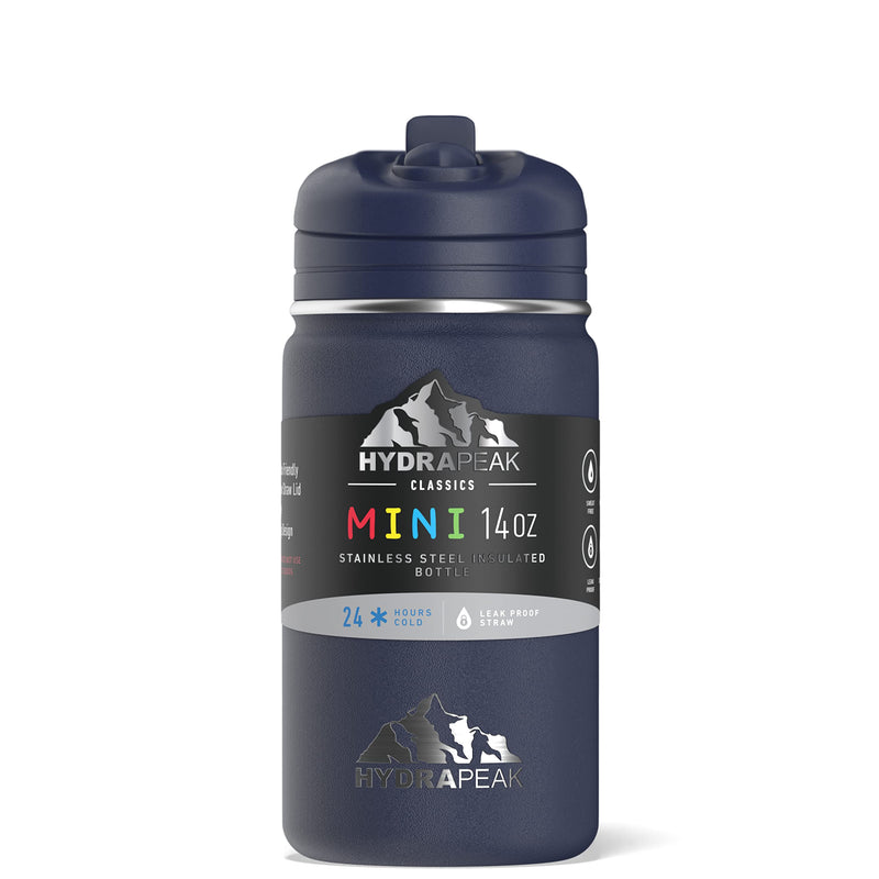 Hydrapeak Mini 14oz Kids Water Bottle with Straw Lid, Stainless Steel Double Wall Insulated Water Bottle for Kids | Leak-Proof and Spill-Proof Kids Water Bottle for School, 24 Hours Cold (Navy) Navy - BeesActive Australia