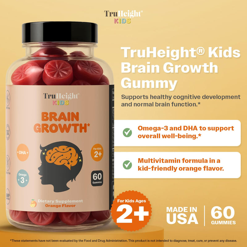 TruHeight Kids Brain Growth Gummies (Orange, Ages 2+) All Natural Kids & Teens Vitamins - Omega 3 Gummies Supports Brain Growth, Mental Clarity, Focus, Eye Health, Memory Supplements, DHA Multivitamin 60 Count (Pack of 3)
