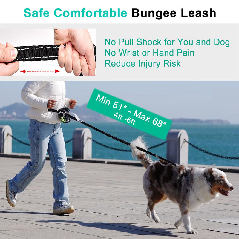 Hands Free Dog Leash with Pouch, Waist Leash for Dog Walking with Water Bottle Holder, Reflective Stitching, Dual Handle, Bungee Retractable Running Medium to Large Black 25-120 lbs Black- With Water Bottle Holder For 1 Dog